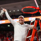 Mar 5, 2022; Auburn, AL, USA; Bruce Pearl reacts after cutting the net after the game between Auburn and South Carolina at Neville Arena. Mandatory Credit: Jacob Taylor/AU Athletics