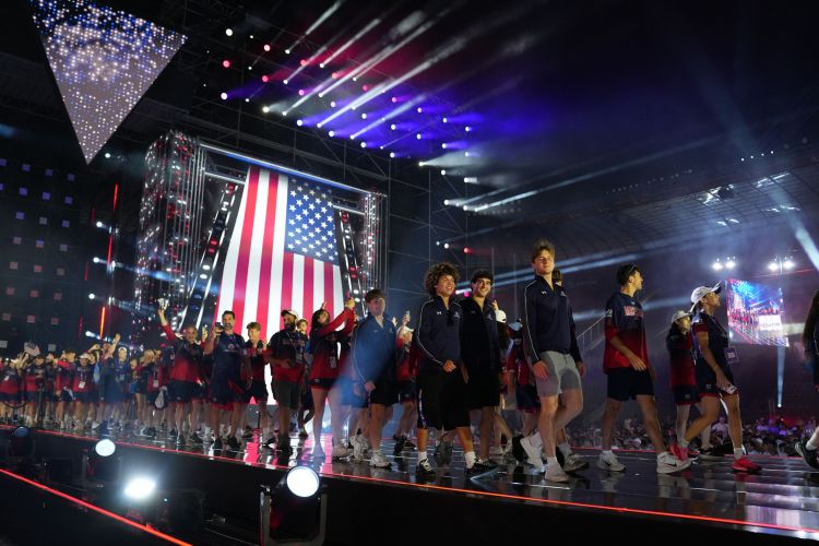 Awesome side MUSA delegation walkout shot against USA flag backdrop at Opening Ceremony DSC05628
