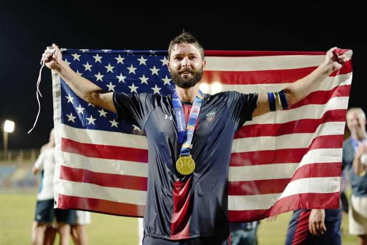 Open Men's soccer Final vs ARG great Yoni Sorokine draped with USA flag DSC05305